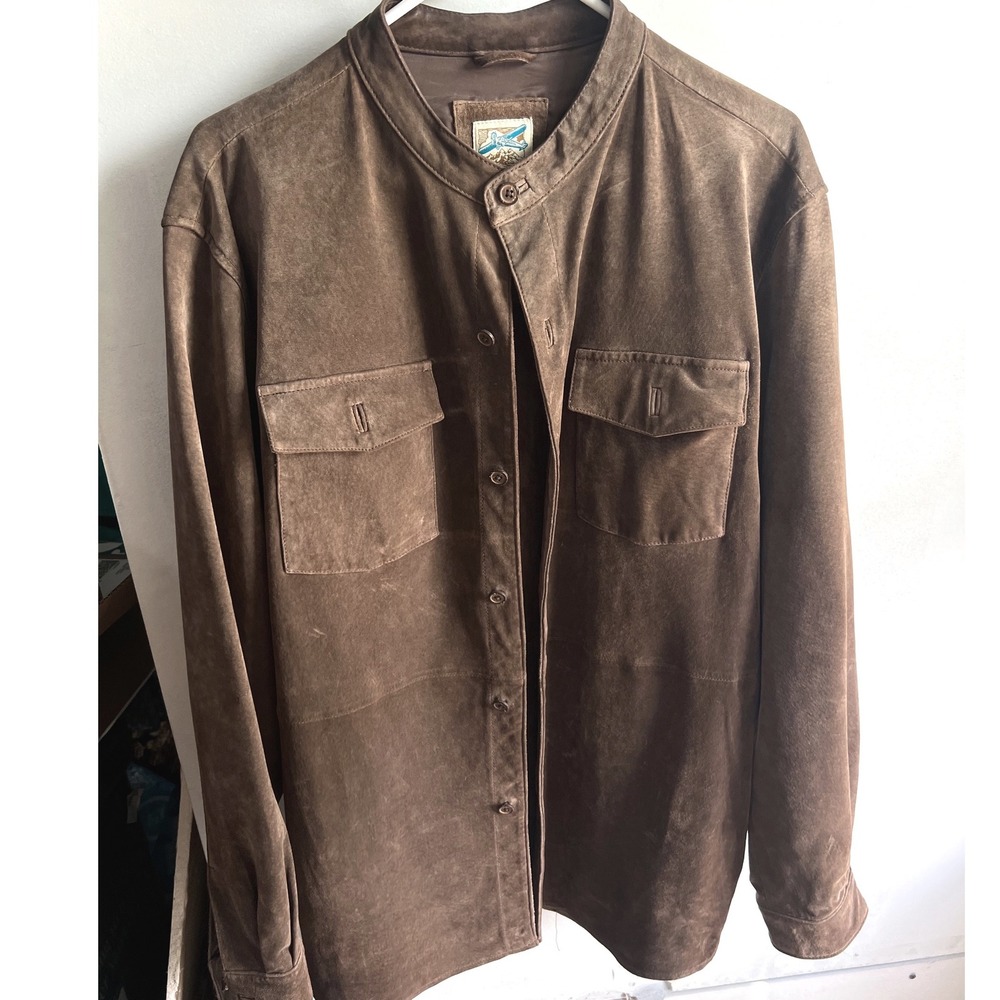 TravelSmith Mens Brown Suede Leather Band Collar Shirt Jacket Style 7657 Size M